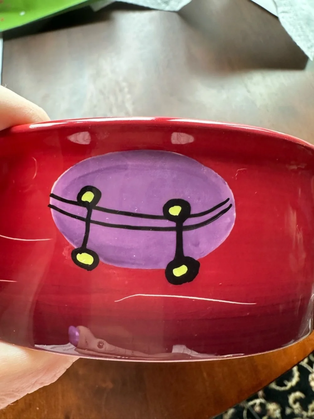 Hand-Painted Dog Skateboard Ceramic Bowl - Red, Green, Blue